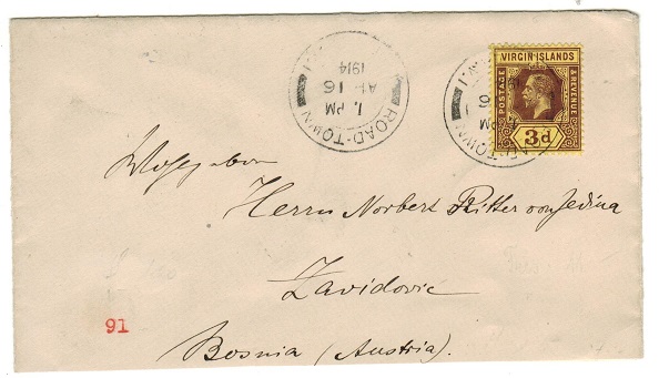 BRITISH VIRGIN ISLANDS - 1914 3d rate cover to Austria used at ROAD TOWN.