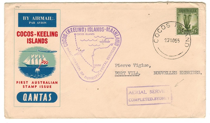 COCOS ISLAND - 1955 first flight cover to New Hebrides with AERIAL SERVICE h/s applied.
