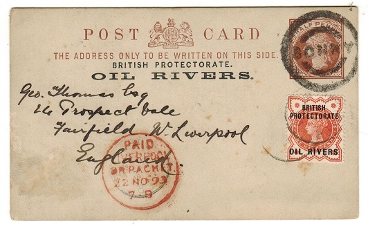 NIGER COAST - 1892 1/2d brown PSC uprated to UK cancelled by BONNY parcel cancel. H&G 1.