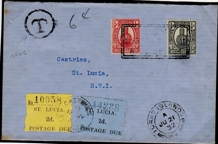 TURKS AND CAICOS - 1932 underpaid cover to St.Lucia with 1d+2d