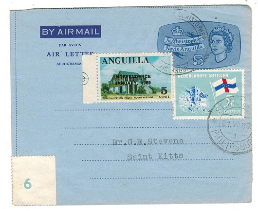 ANGUILLA - 1969 use of St.Kitts 5c air letter with 5c