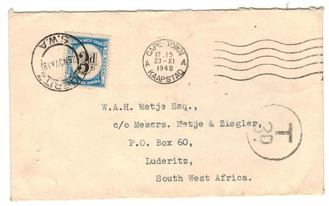 SOUTH WEST AFRICA - 1948 unstamped tax local cover from Capetown with 3d