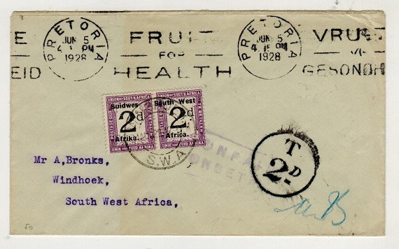 SOUTH WEST AFRICA - 1928 inward unstamped cover from SA with 2d 