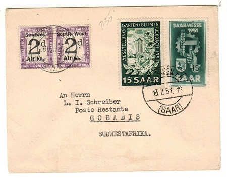 SOUTH WEST AFRICA - 1951 inward underpaid cover from Germany with 2d 