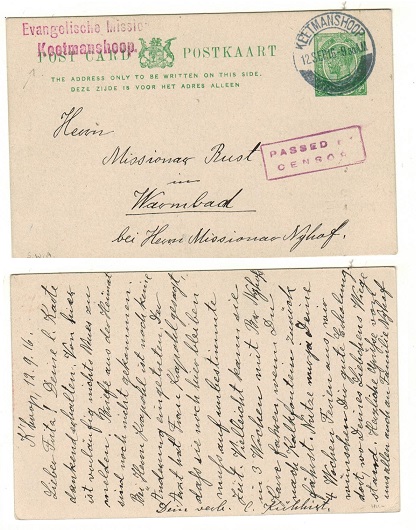 SOUTH WEST AFRICA - 1913 1/2d green PSC of South Africa used at KEETMANSHOOP and PASSED BY CENSOR.