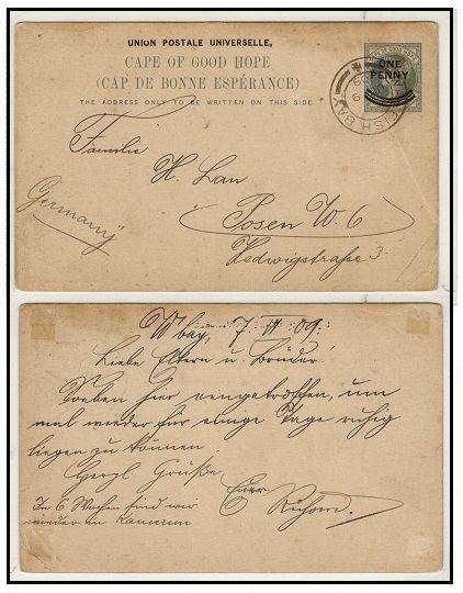 SOUTH WEST AFRICA - 1897 1d on 1 1/2d Cape PSC to Germany used at WALVIS BAY.  H&G 12.