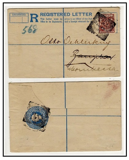 BRITISH EAST AFRICA - 1896 2a blue RPSE uprated to Zanzibar used at MOMBASA.  H&G 3.