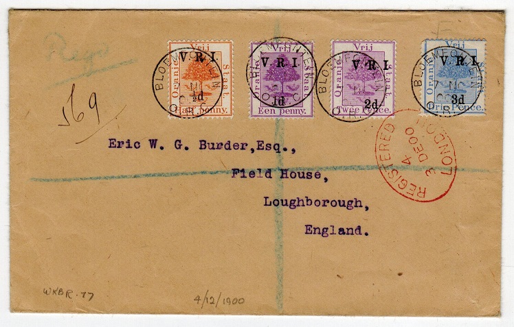 ORANGE FREE STATE - 1900 registered mixed franking cover to UK used at BLOEMFONTEIN.