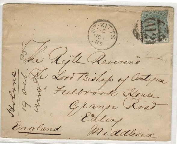 ST.CHRISTOPHER - 1885 4d rate cover to UK with