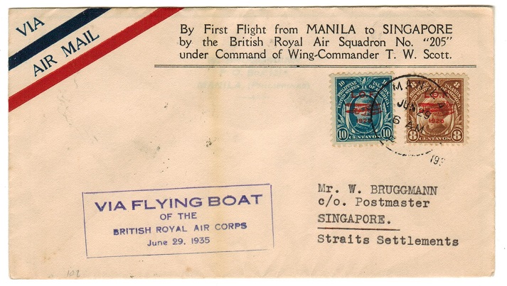 SINGAPORE - 1935 inward FIRST FLIGHT cover from Philippines via