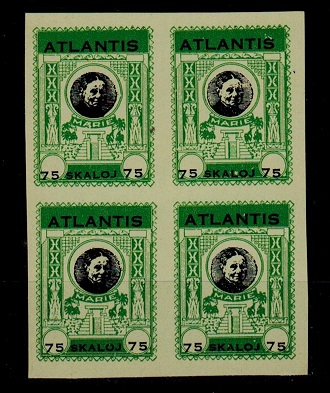 BAHAMAS - 1938 (circa) 75sk black and green ATLANTIS label in a IMPERFORATE BLOCK OF 4.