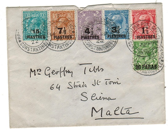 BRITISH LEVANT - 1922 cover to Malta used at CONSTANTINOPLE.