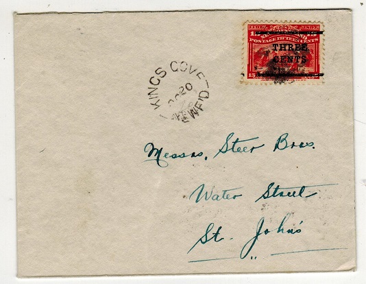 NEWFOUNDLAND - 1920 3c/15c surcharge cover used locally at KINGS COVE.