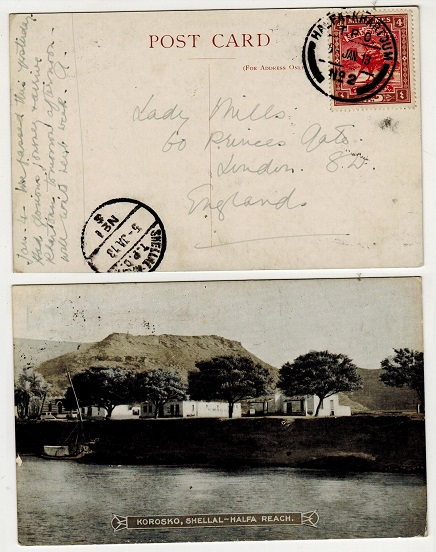 SUDAN - 1913 4m rate postcard use to UK used at HALFA/KHARTOUM/TPO No.2.