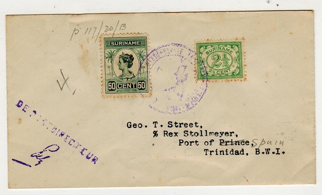 TRINIDAD AND TOBAGO - 1929 inward first flight cover from Suriname.