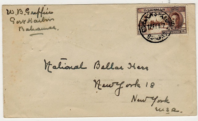 BAHAMAS - 1947 1 1/2d rate cover to USA used at GOVERNORS HARBOUR.