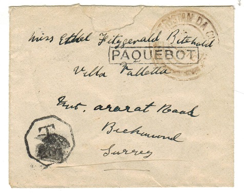TRISTAN DA CUNHA - 1920 (circa) cover to UK struck by PAQUEBOT h/s and with TRISTAN DA CUNHA cachet.