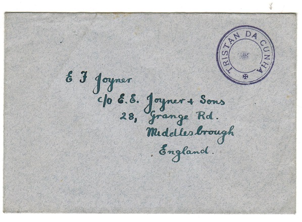 TRISTAN DA CUNHA - 1930 (circa) stampless cover to UK cancelled by TRISTAN DA CUNHA h/s (SG C6).
