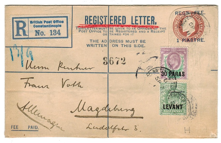 BRITISH LEVANT - 1907 1p on 2d+1d RPSE to Germany uprated with 30p and 1/2d. H&G 17.
