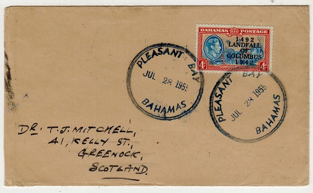 BAHAMAS - 1955 4d rate cover to UK used at PLEASANT BAY.