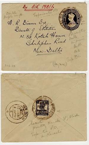 PAKISTAN - 1948 1 1/2a purple PSE to Delhi with Pakistan h/s STRUCK TWICE used at EXPERIMENTAL PO.  