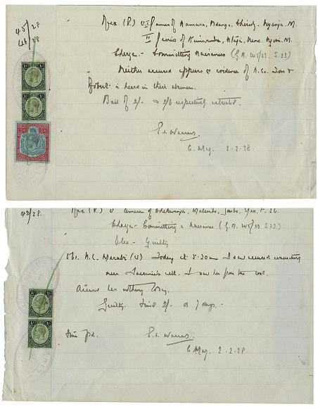 NYASALAND - 1928 Magistrates Ledger sheet with 4/6d and 2/- adhesives indicating payment by cash.