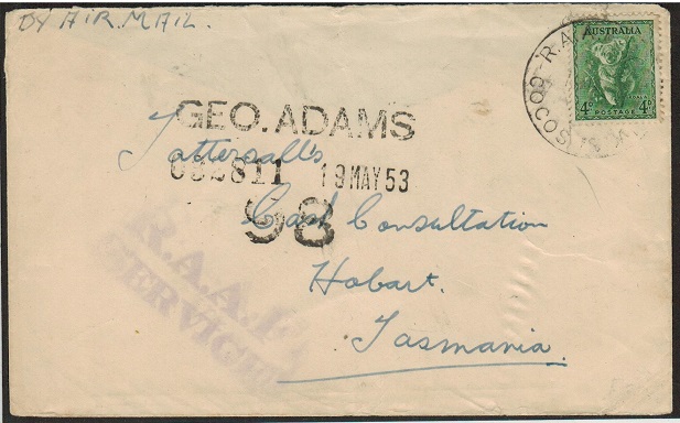COCOS ISLAND - 1953 4d rate cover (ex flap) to Tasmania cancelled RAAF/COCOS ISLAND.