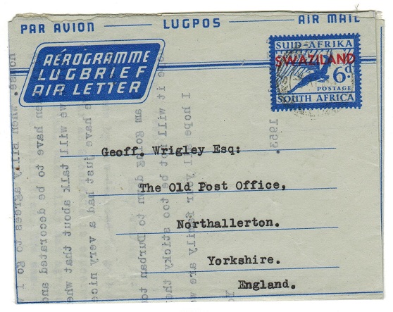 SWAZILAND - 1953 6d air letter to UK used at STEGI.  