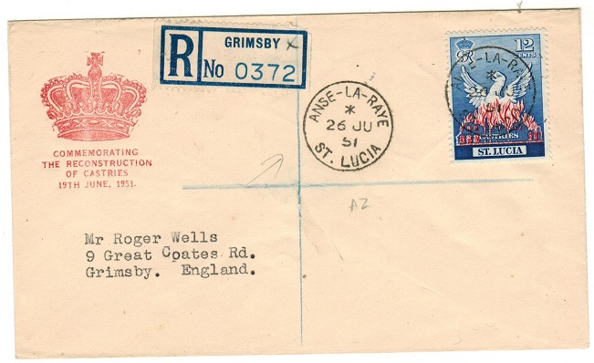 ST.LUCIA - 1951 12c rate cover to UK used at ANSE LA  RAYE.