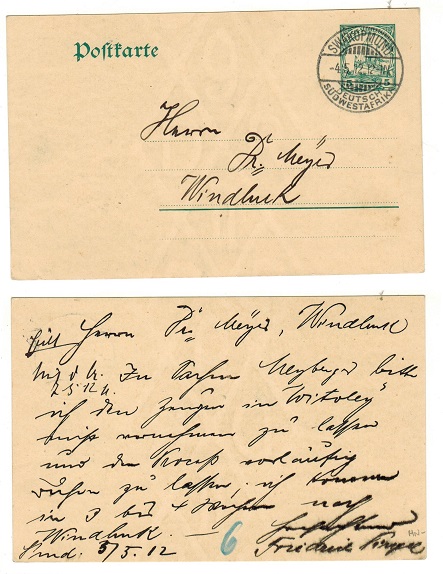 SOUTH WEST AFRICA - 1909 5pfg green PSC used locally from SWAKOPMUND.  H&G 18.
