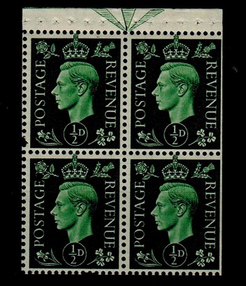 GREAT BRITAIN - 1937 1/2d green BOOKLET PANE of four mint.  SG 462ab.