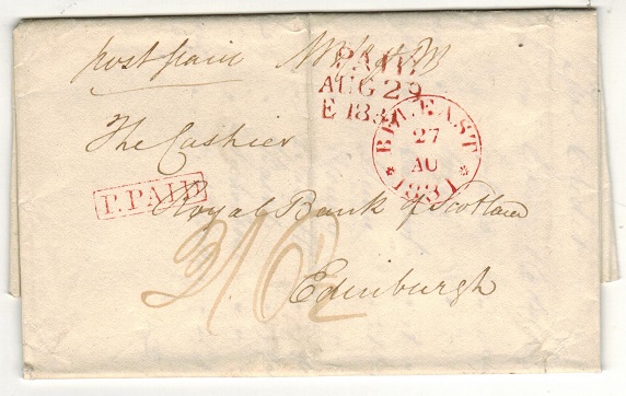 GREAT BRITAIN - 1831 entire to Edinburgh cancelled BELFAST with P.PAID h/s in red.