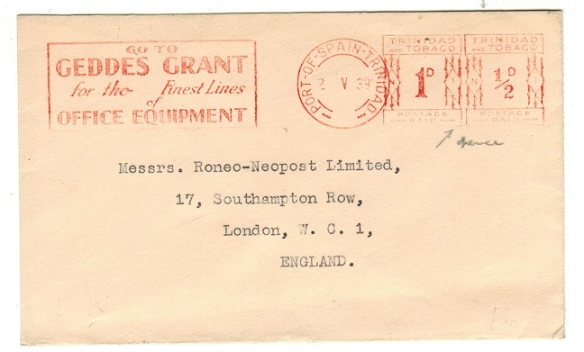 TRINIDAD AND TOBAGO - 1939 1/2d + 1d red meter mark cover to UK.