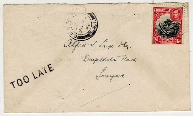 GRENADA - 1942 1 1/2d local rate cover with 