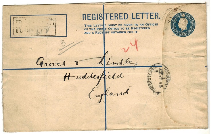 GAMBIA - 1924 3d + 1 1/2d dark blue RPSE cancelled T.P.O./RIVER GAMBIA.  H&G 5b.