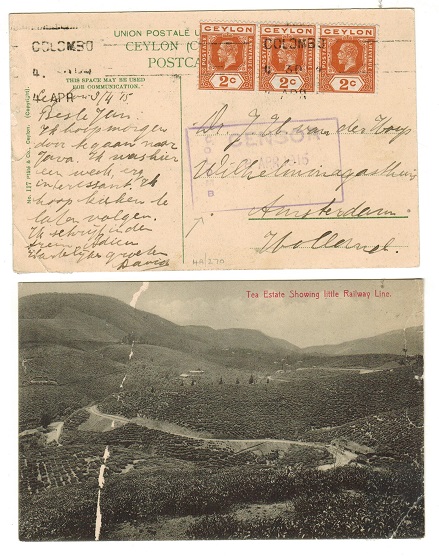 CEYLON - 1915 6c rate censored postcard use to Holland used at COLOMBO.