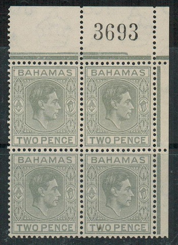 BAHAMAS - 1938 2d pale grey U/M block of four.  SG 152