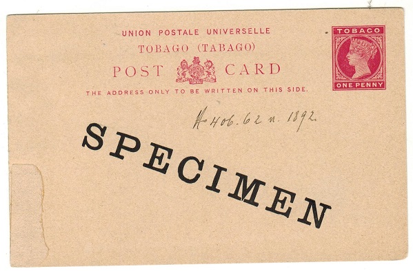 TOBAGO - 1892 1d carmine PSC unused SPECIMEN ex archive example.  H&G 6.