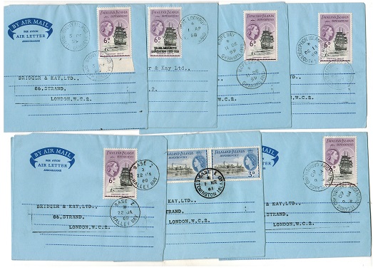 FALKLAND ISLANDS - 1957 range of 8 air letters to UK  used from various bases.
