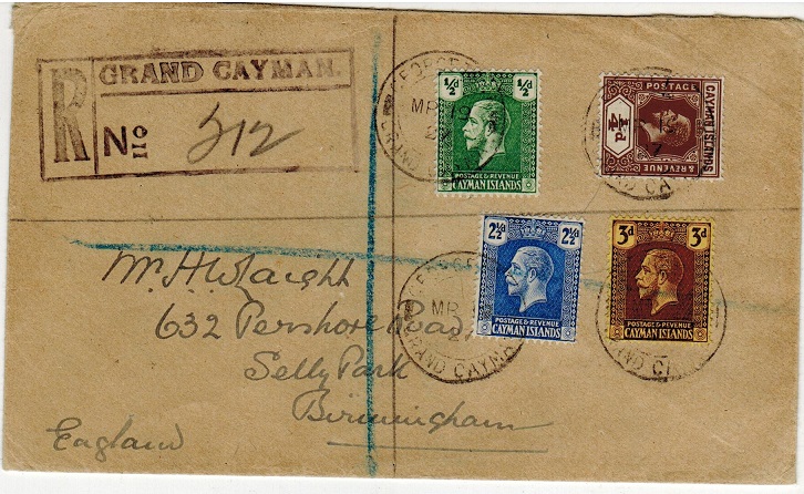 CAYMAN ISLANDS - 1927 registered cover to UK used at GEORGETOWN.