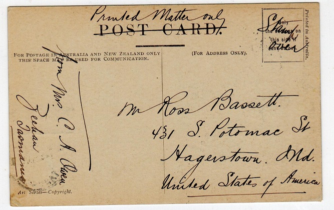 TASMANIA - 1907 use of picture postcard to USA from ZEEHAN/TASMANIA.