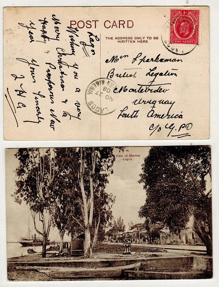 SOUTHERN NIGERIA - 1908 1d rate postcard use to Uruguay (scarce) used at LAGOS.