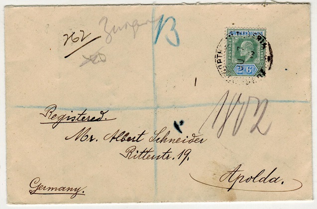 NORTHERN NIGERIA - 1910 2/6d adhesive on registered cover to Germany.