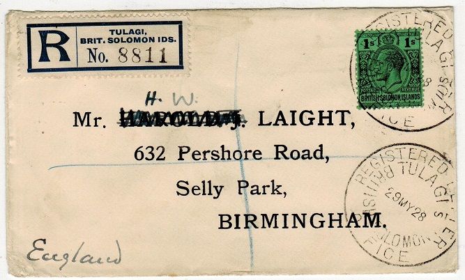 SOLOMON ISLANDS - 1928 1/- rate registered cover to UK.
