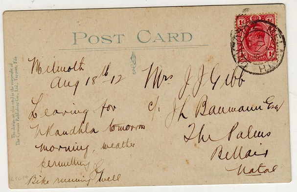 ZULULAND - 1912 1d rate postcard use to Natal used at MELMOUTH/ZULULAND.