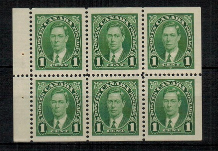 CANADA - 1937 1c green BOOKLET PANE of six in unmounted mint condition.  SG 357b.
