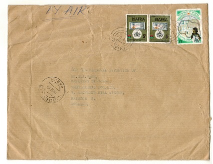 BIAFRA - 1969 12/6d rate cover to UK used at IHIALA/1 sent via Gabon on Red Cross relief flight.