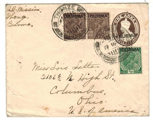 BURMA - 1938 1a brown PSE uprated to USA at THONZE.  H&G 1a.