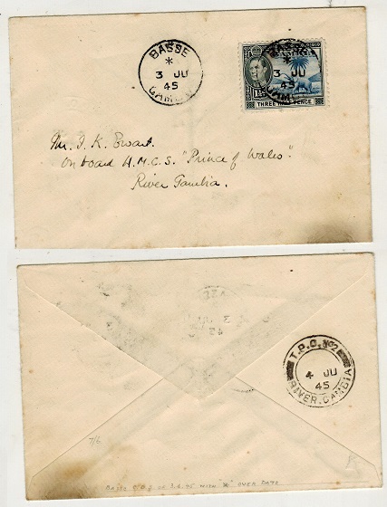 GAMBIA - 1945 1 1/2d rate local cover to 