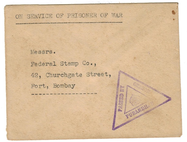 INDIA - 1942 stampless cover from PURANDHAR prisoner of war camp.